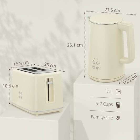 Digital Stainless Steel Kettle And Toaster Set, 1.5L 3000W Fast Boil Kettle, 2 Slice Toaster With 7 Level Browning Controls, Defrost, Reheat, Keep Warm, Crumb Tray And LED Touch Display, Beige