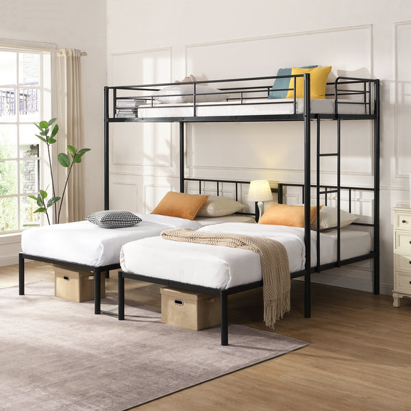 Twin Over Twin Over Twin Bunk Bed ,Triple Bunk Bed With A Vertical Ladder, Metal Frame Bunk Bed With Safety Rail, Twin Over Twin Over Twin Triple Bunk