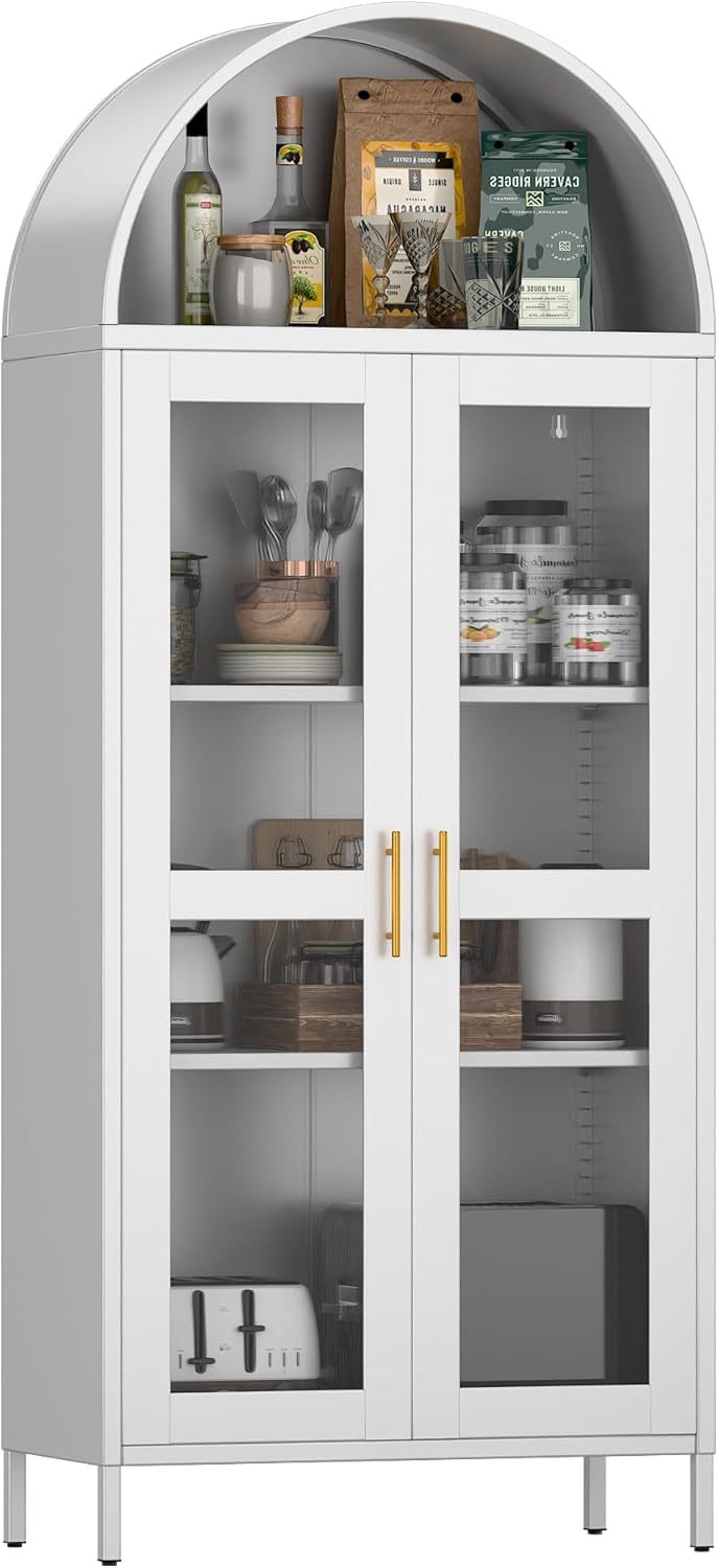 SUPEER Metal Showcase Sideboard Standing Cabinet With Arch Roof, Kitchen Cabinet With 2 Glass Doors, Glass Display Cabinet For Living Room, Bedroom, 185 X 80 X 40 Cm White