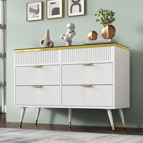 Sideboard Cabinet Dresser With 6 Drawers,Amber Glass Chest Of Drawers, Compartmentalised Storage,Anti-tip,Dressing Table For Living Room, Hallway, Bedroom, And Children's Room, 120 X 40 X 76 Cm, White