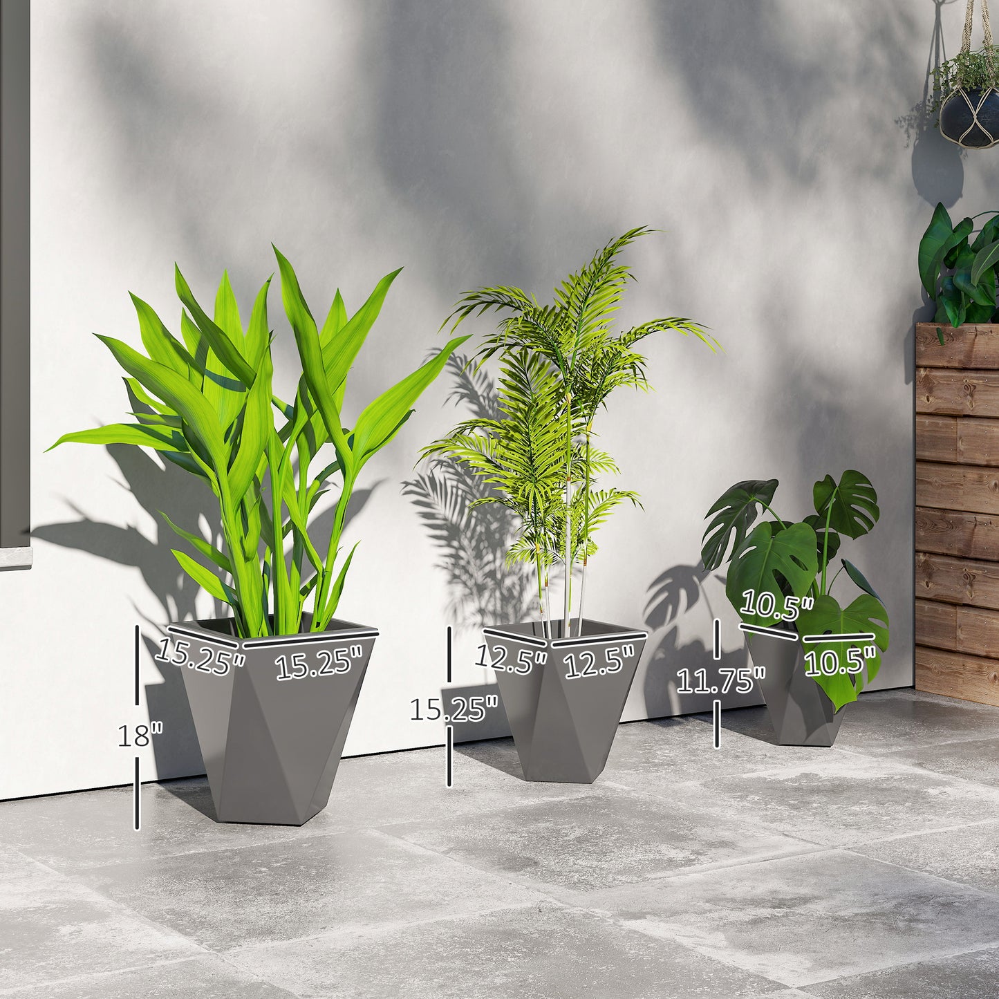 Indoor Outdoor Planters Set of 3 MgO Tall Planters Stackable Flower Pots with Drainage Holes for Garden, Balcony, Gray