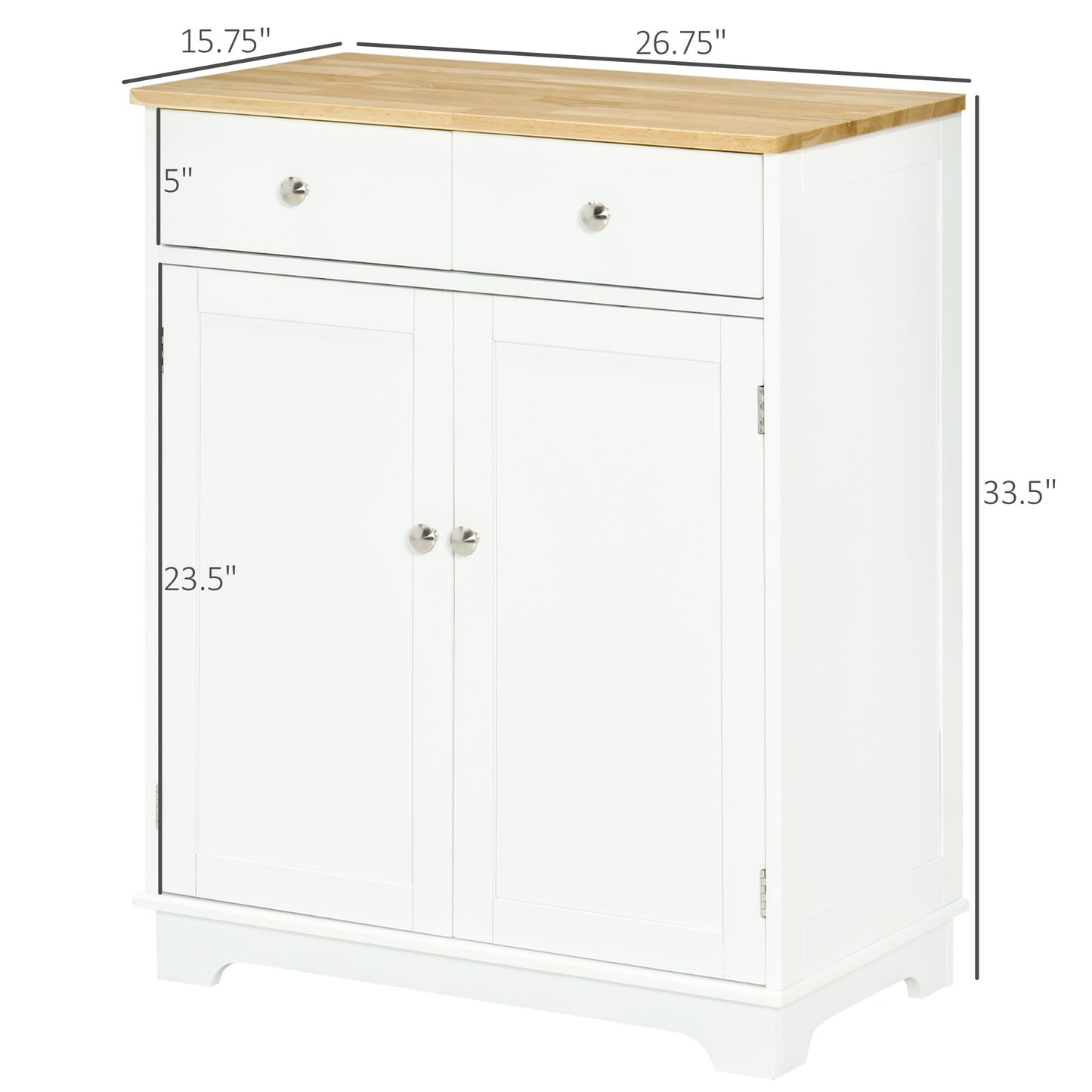 Kitchen Storage Cabinet, Sideboard Floor Cupboard With Solid Wood Top, Adjustable Shelf & 2 Drawers For Living Room, Hallway, White