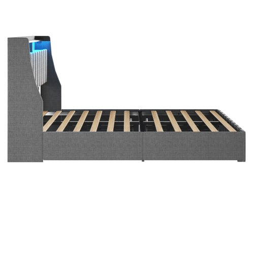 Queen Size Bed Frame With LED, 4 Under-bed Portable Storage Drawers, Wings Headboard Design