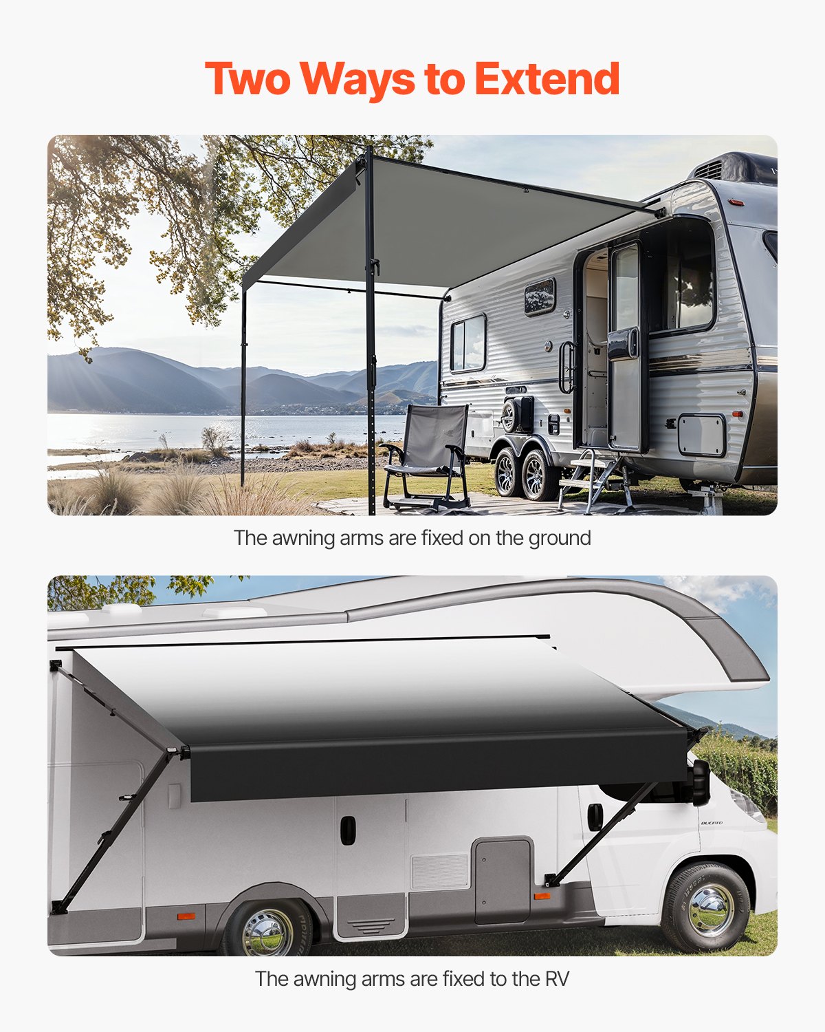 Wohnwagen Markise Einziehbare RV Markisen (548,64 Cm) Wasserdichte Wohnmobil-Markise Mit Aluminiumlegierungsrahmen, Außenmarkise Mit Schwarzem Ständer & Schwarzen Stoffen Mit Farbverlauf