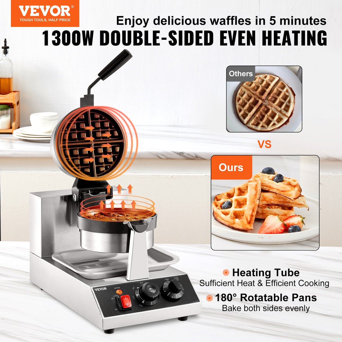 Rundes Waffeleisen Waffel 1300 W, Kontaktgrill Belgische Waffeleisen 4 Stk. Edelstahl Waffeln Automat Inkl. Lebensmittelclip & Bürsten & Verbrühungssicherer Griff, Für Cafés, Restaurant Usw.