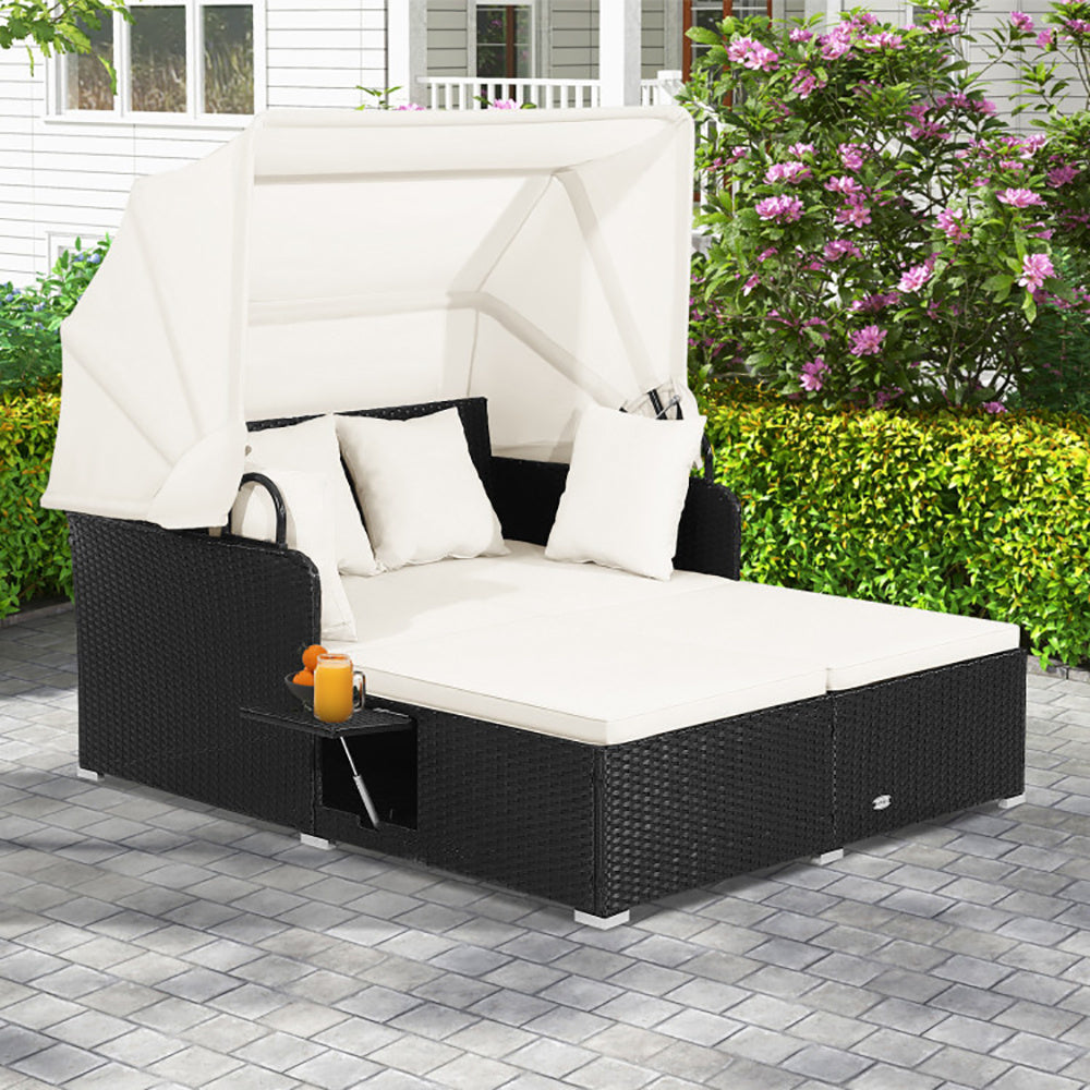 Patio Rattan Daybed With Retractable Canopy And Side Tables