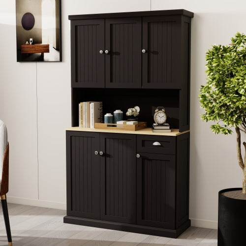 Kitchen Pantry Storage Cupboard With Microwave Countertop, Freestanding Cabinet With Adjustable Shelves, 6 Doors And 1 Drawer - Black