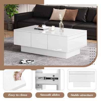 Coffee Table For Living Room, Modern Side Table Wooden Centre Table, White High Gloss Coffee Tea Tables With 2 Drawers And 2 Big Storage Space For Home Office Furniture