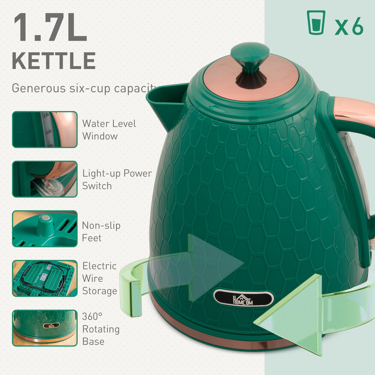 Kettle And Toaster Set, 1.7L 3000W Fast Boil Jug Kettle With Auto Shut Off, 4 Slice Toaster With 7 Level Browning Controls & Crumb Tray, UK Otter Thermostat, Green