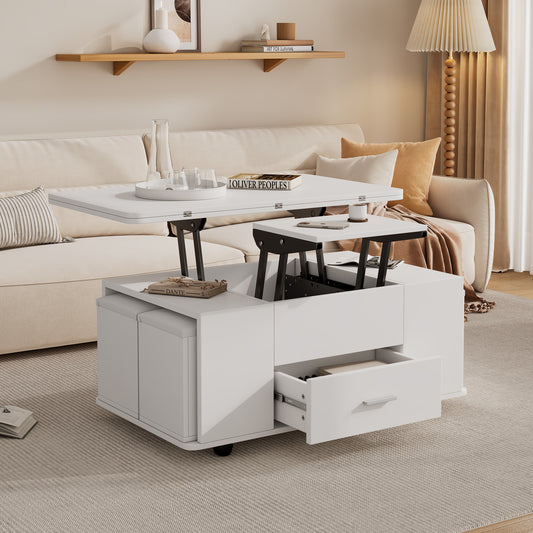 Lift Top Coffee Table With Wheels,  Convertible Dining & Work Table With 4 Stools, Hidden Storage, Extendable Side Table, Space-saving End Table,Tea Table, White, 100x50x45cm Folded