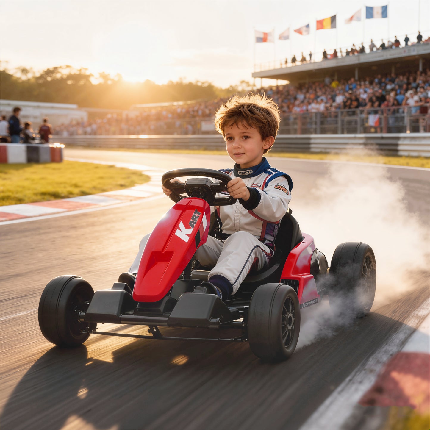 24V Electric Go Kart, Drift Kart With Adjustable Seat, Slow Start, 5-Point Harness, Music, Horn, For 6-12 Years, Red