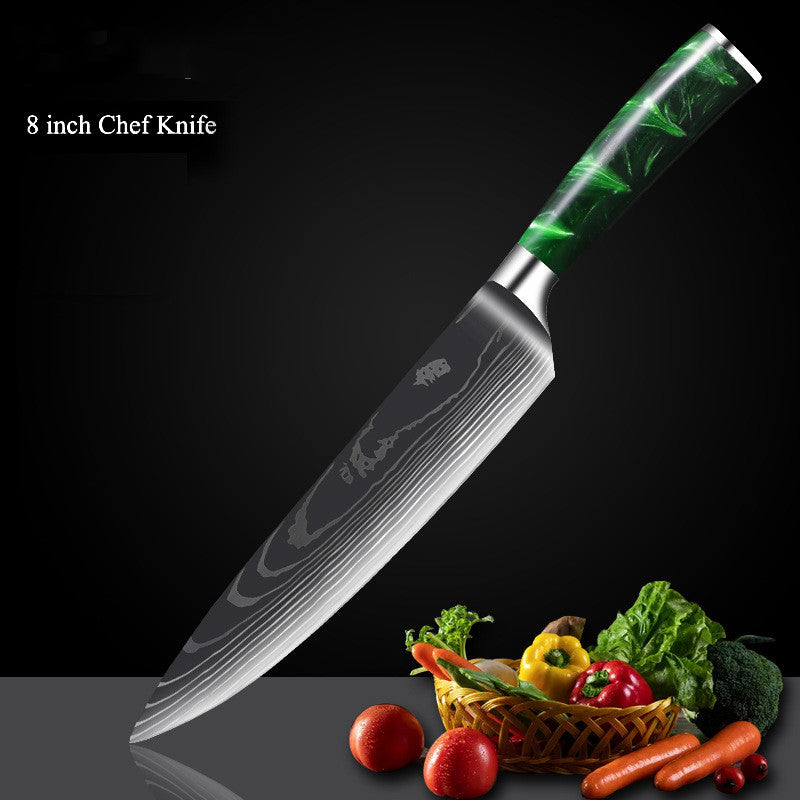 Green Resin Handle Damascus Laser Grain Knife