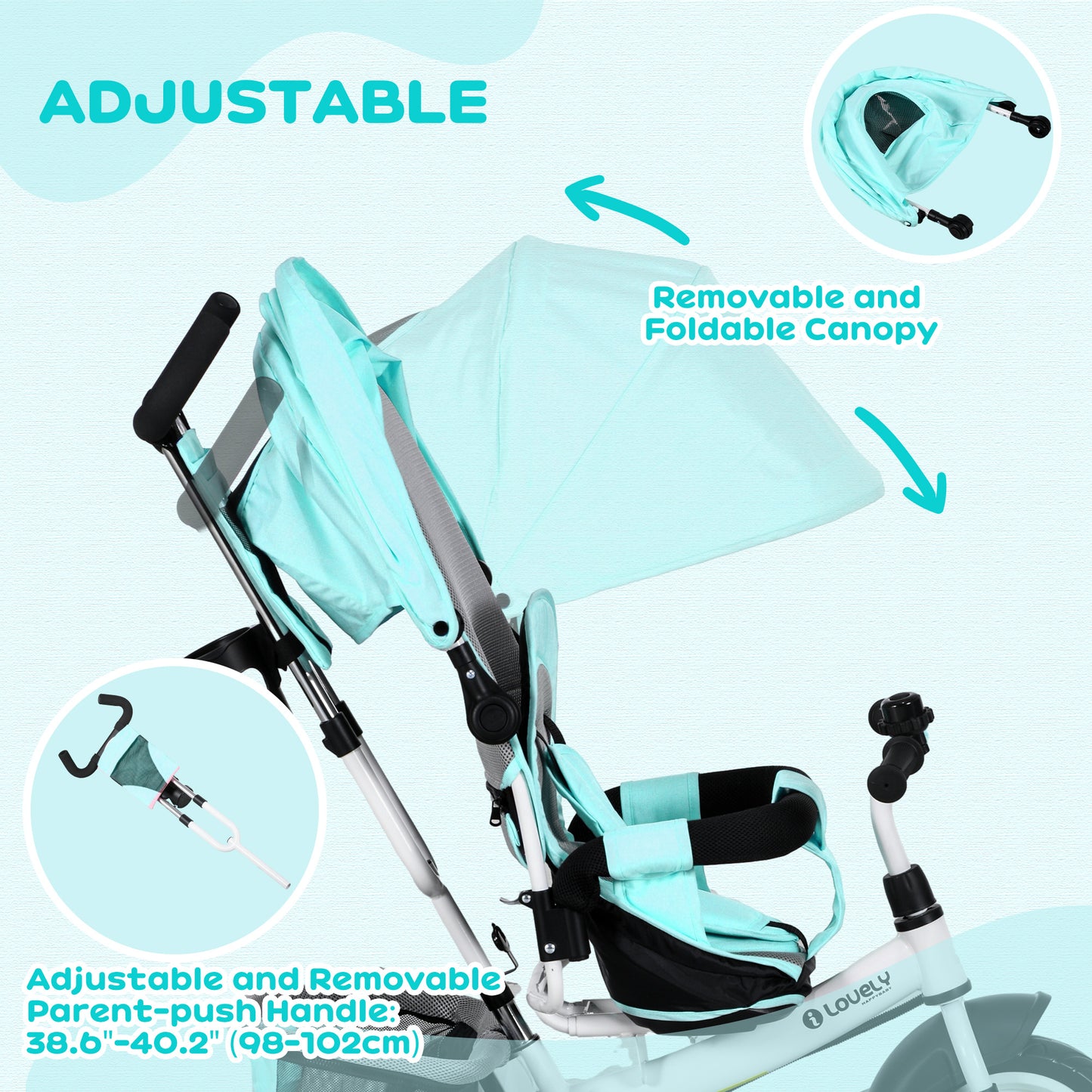 6 In 1 Kids Trike With Parent Handle, Canopy, 5-point Safety Belt, Storage, Footrest, Brake, For 1-5 Years, Green