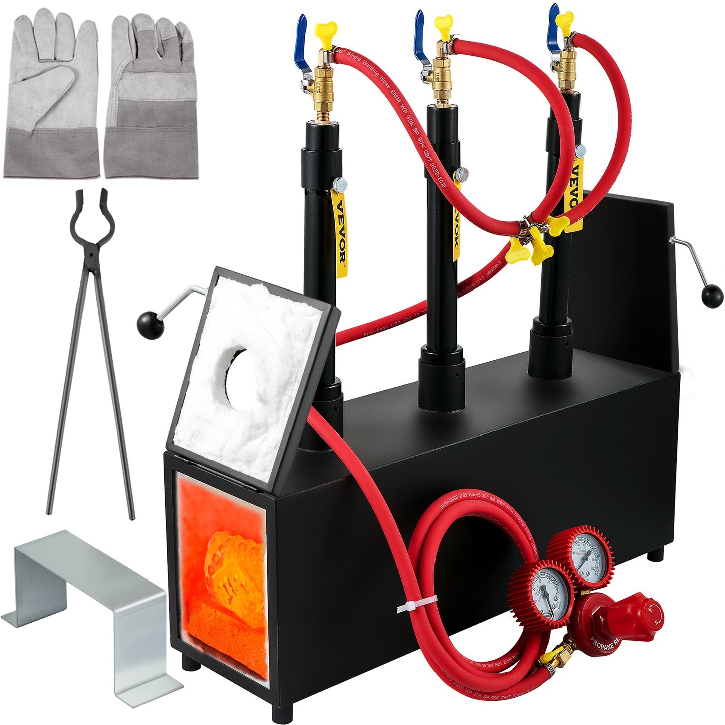 Gas Schmiedeofen 1350 °C, Brenner Schmiede 15 L, Schmiedeofen Drei Brenner Zweitürig Auskleidung Mit Aluminiumsilikatfaser, Metallschmiede Max. Leistung 230,4 KWh / 786.000 BTU, Gasdruckregler