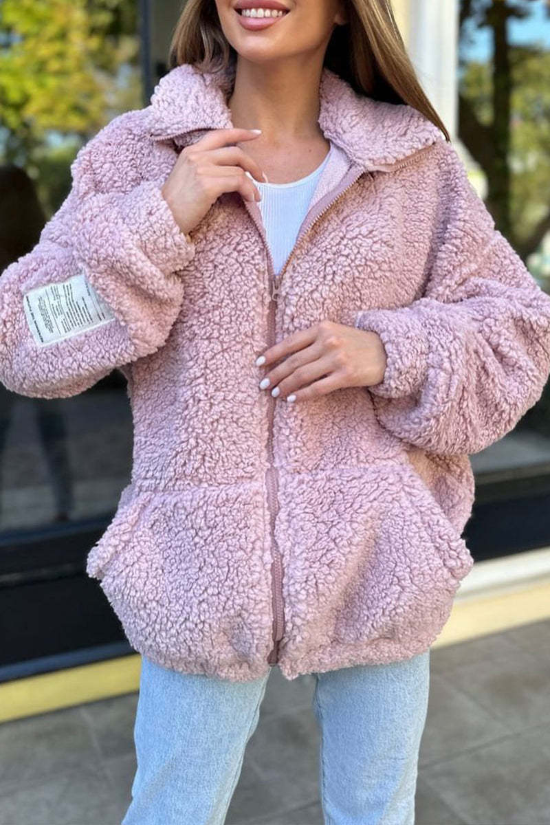 Lapel plush cardigan coat