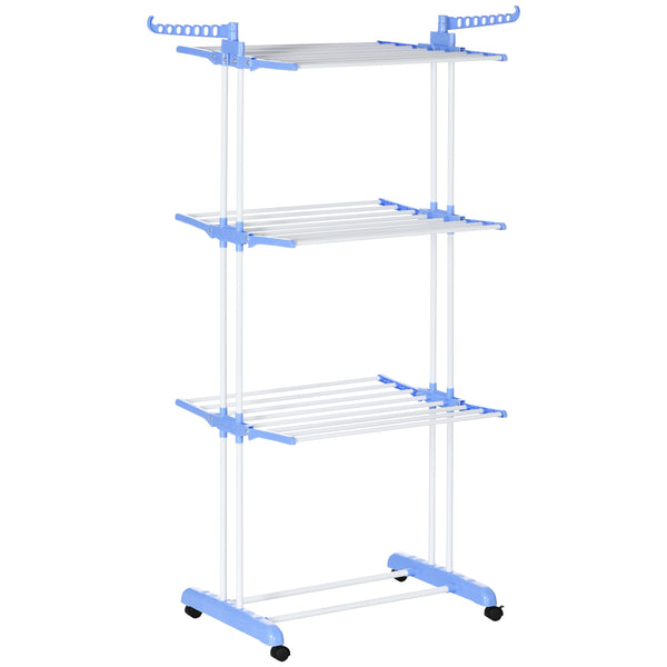 Foldable Clothes Drying Rack, 4-Tier Steel Garment Laundry Rack With Castors For Indoor And Outdoor Use, Blue