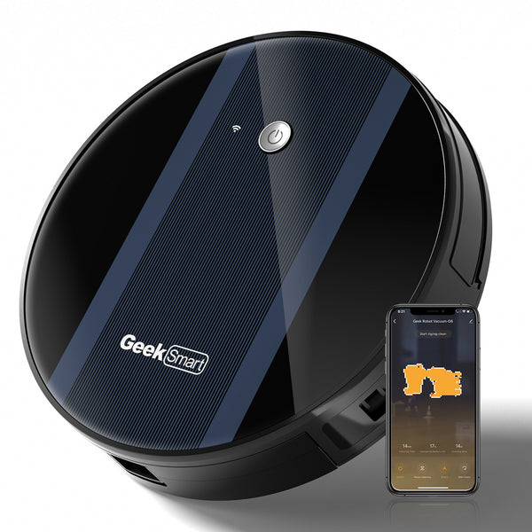 Aspiradora robot inteligente Geek G6 Plus, ultrafina, succión potente de 1800 Pa, carga automática, conectividad Wi-Fi, control mediante aplicación, limpieza personalizada, ideal para suelos duros y alfombras. Prohibida en Amazon