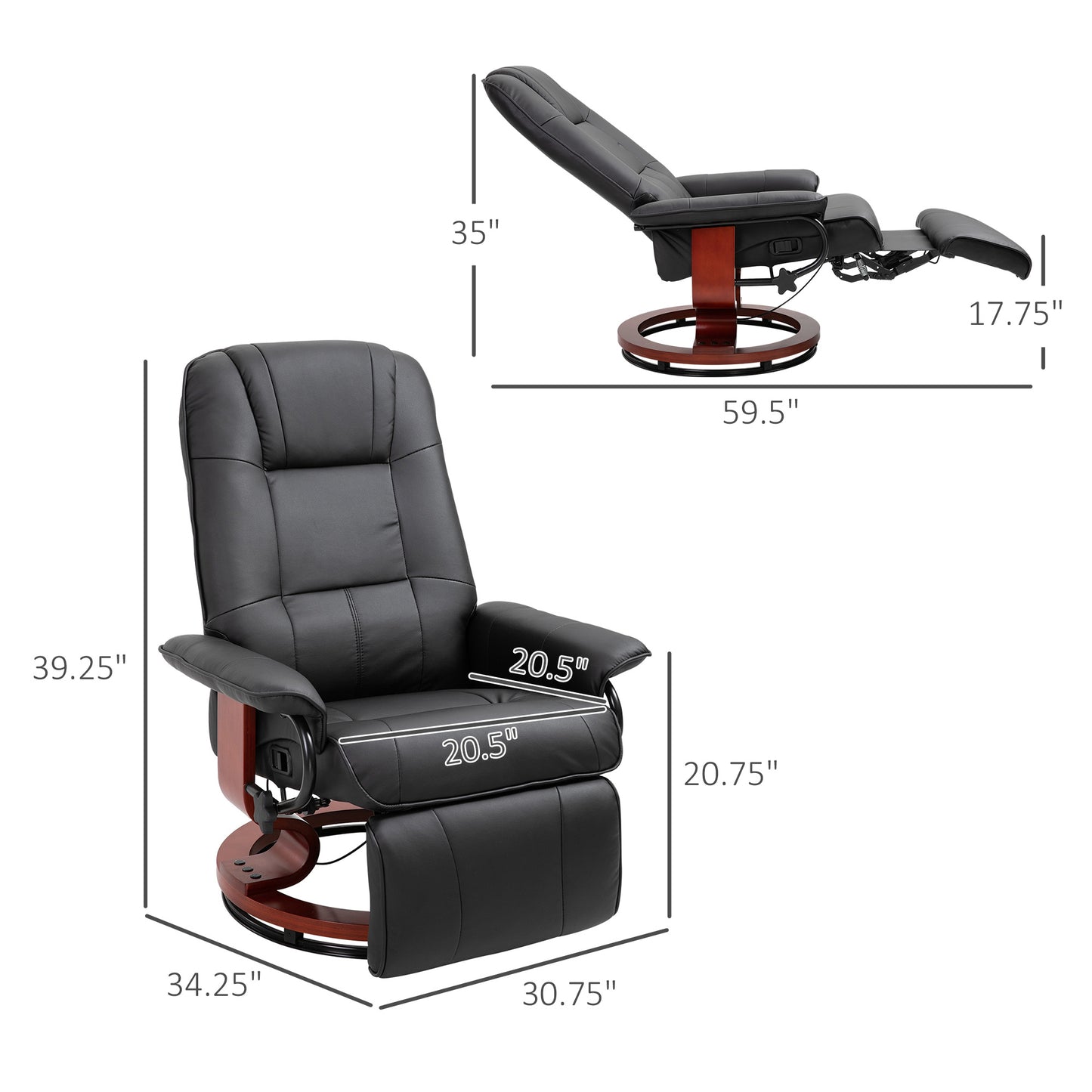 Living Room Relaxation Black Faux Leather Swivel Recliner With Adjustable Footrest