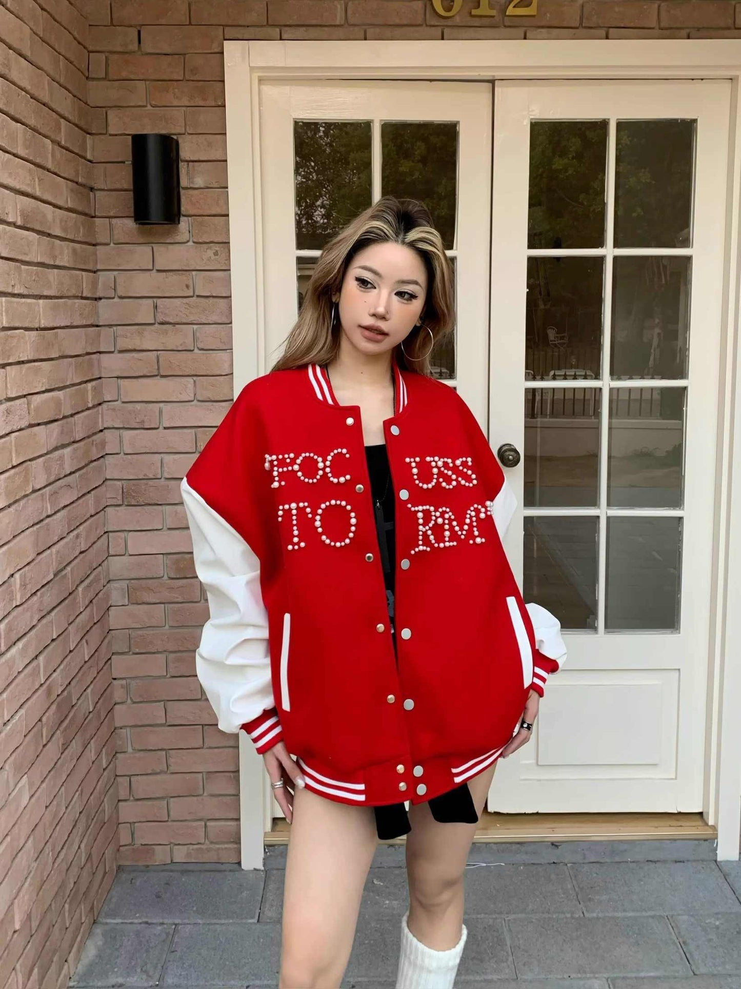 Retro Baseball Jacket Women's Beaded Jacket Loose Top