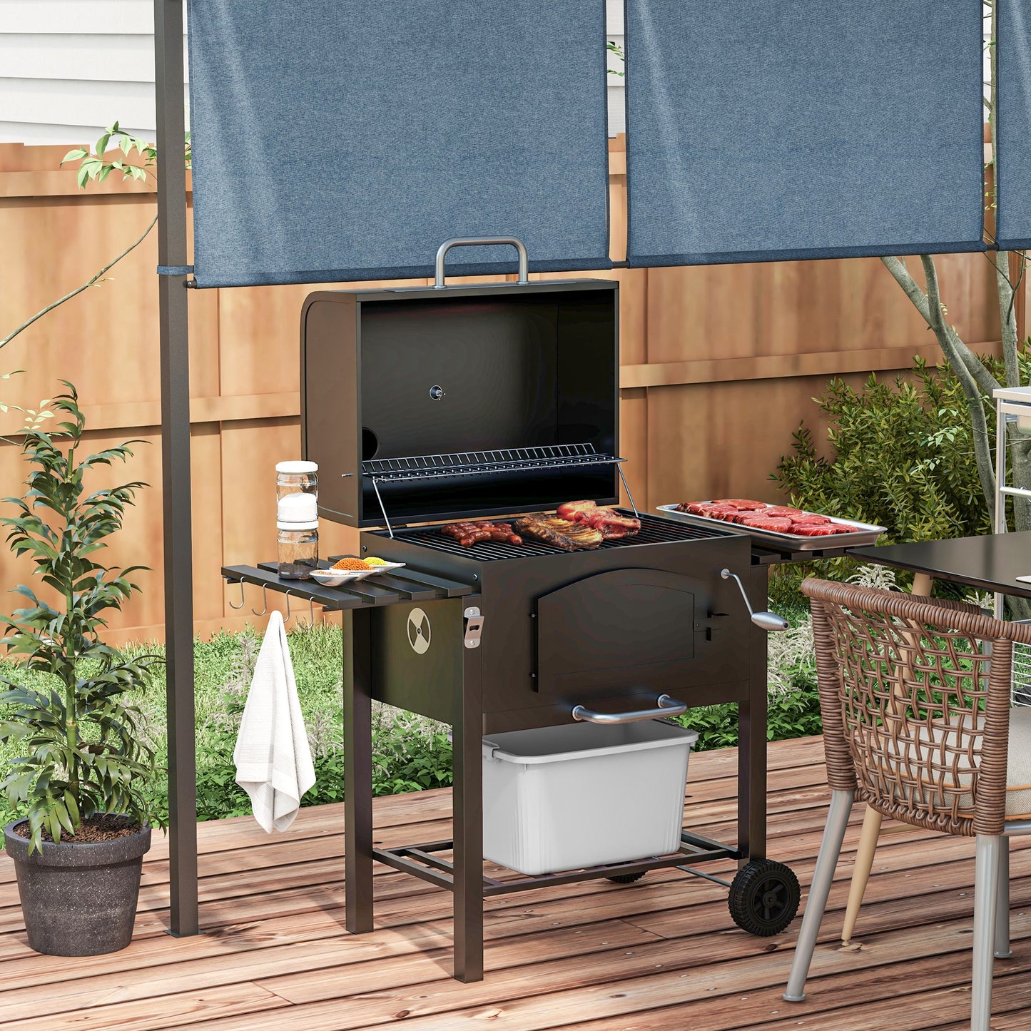 3-in-1 Charcoal BBQ, With Shelves - Black