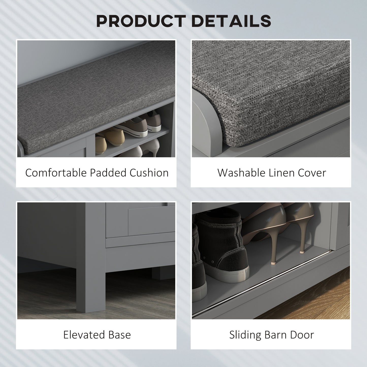 Modern Shoe Storage Bench, Entry Way Bench with Cushion, 2 Sliding Doors, Storage Ottoman Bench, Holds 10 Pairs, Gray