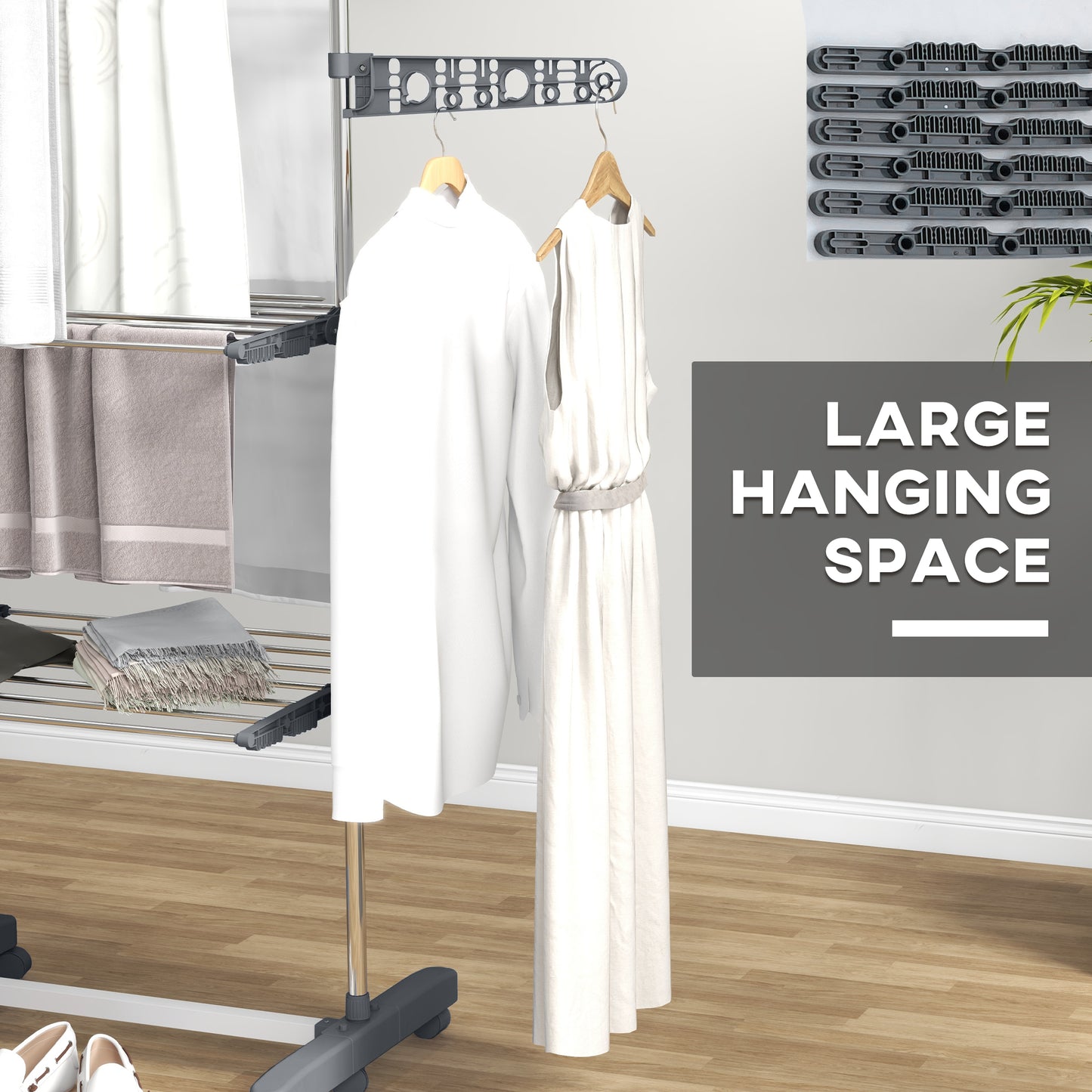 Three-Shelf Collapsing Clothes Horse, With Side Arms And Wheels - Grey