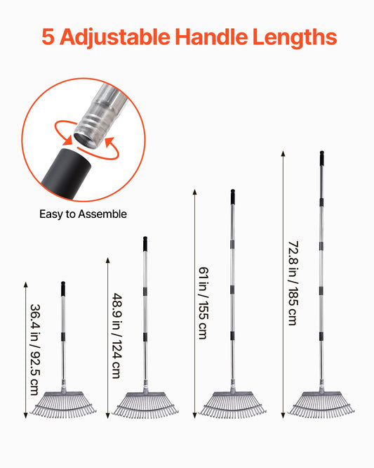 Leaf Rake Steel Garden Rake 25-Tine 36.4-72.8 Inch Adjustable Long Handle