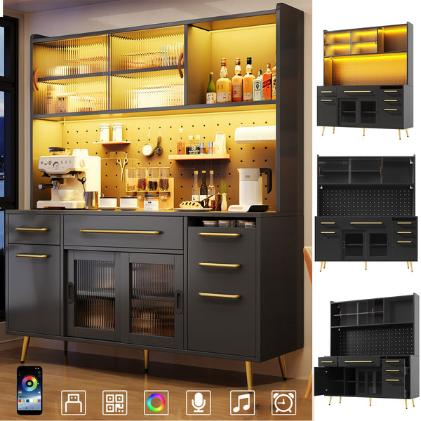 Modernes Sideboard Mit LED-Beleuchtung ,Hochschrank Fur Kuche & Wohnzimmer, Aufbewahrungsschrank Mit Lochwand, Schublade & Glasboden, Black
