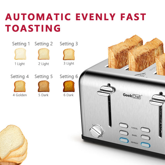 Regale im Amazon verbieten. Toaster für 4 Scheiben, Geek Chef Edelstahl-Toaster mit extra breiten Schlitzen und zwei Bedienfeldern für Bagel, Auftauen, Abbruchfunktion, Amazon verbieten