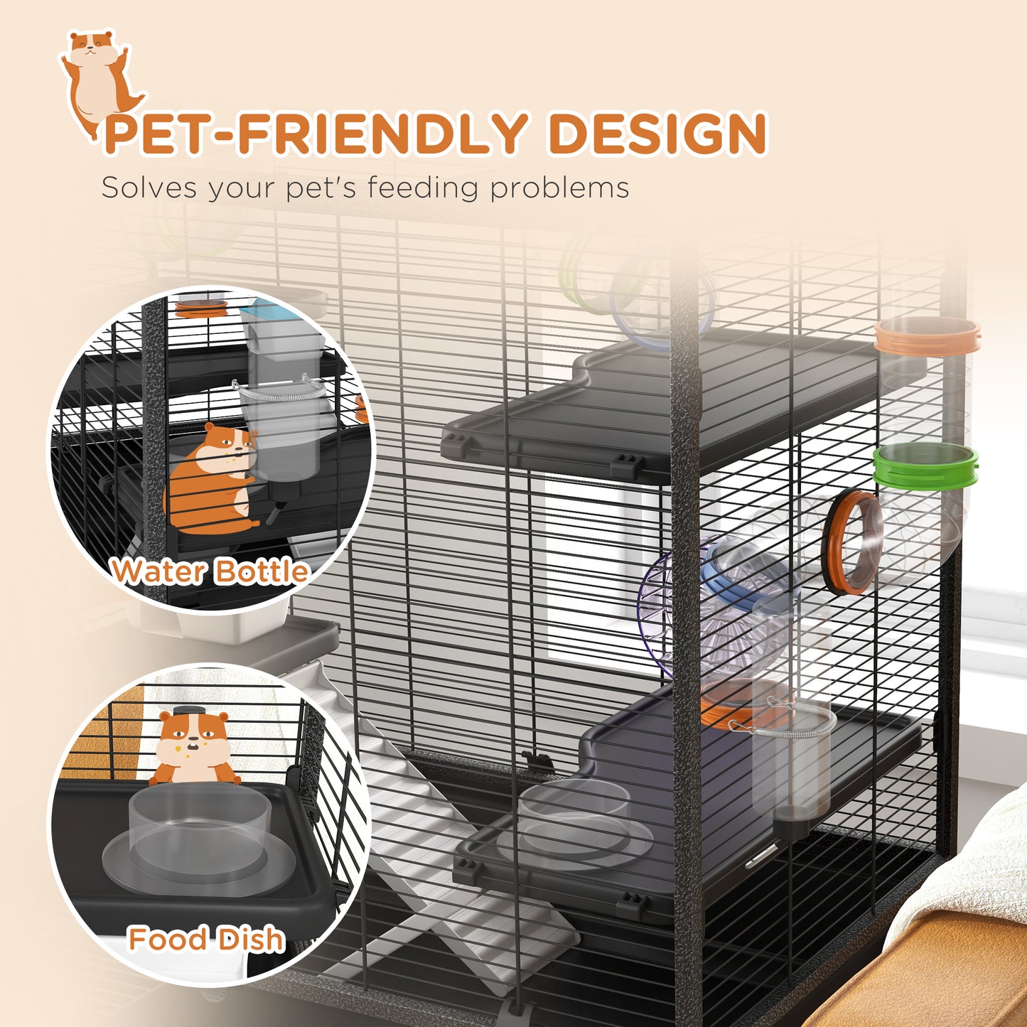 Small Animal Cage for Syrian Hamster, Gerbil Cage with Tubing System, Running Wheel, Ramps, Platforms