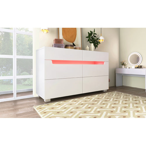 Sideboard Cabinet Dresser With 6 Drawers,Storage With RGB LED App Control, Sideboard With Cut-out Handles, 6-drawers Chest Of Drawers, 71 X 120 X 40 Cm, White