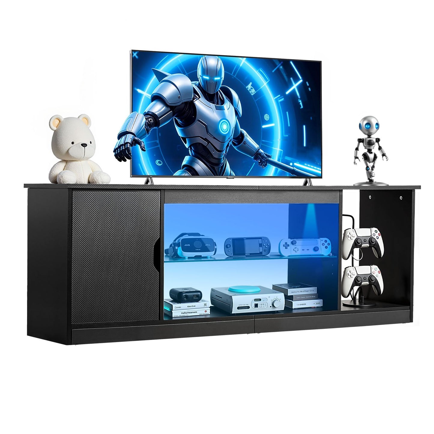 TV-Ständer Für Fernseher Bis Zu 65 Zoll, TV Tisch Mit Lichtleiste, TV-Schrank Aus Holz Mit Glasablage & Verstellbaren Regalen, Konsolentisch Fernsehschrank Für Wohnzimmer Schlafzimmer, Schwarz