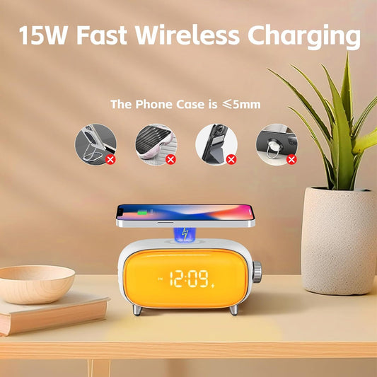 JW-2103F wireless charging Bluetooth wake-up light bedside desk preferred with clock display and light 15W