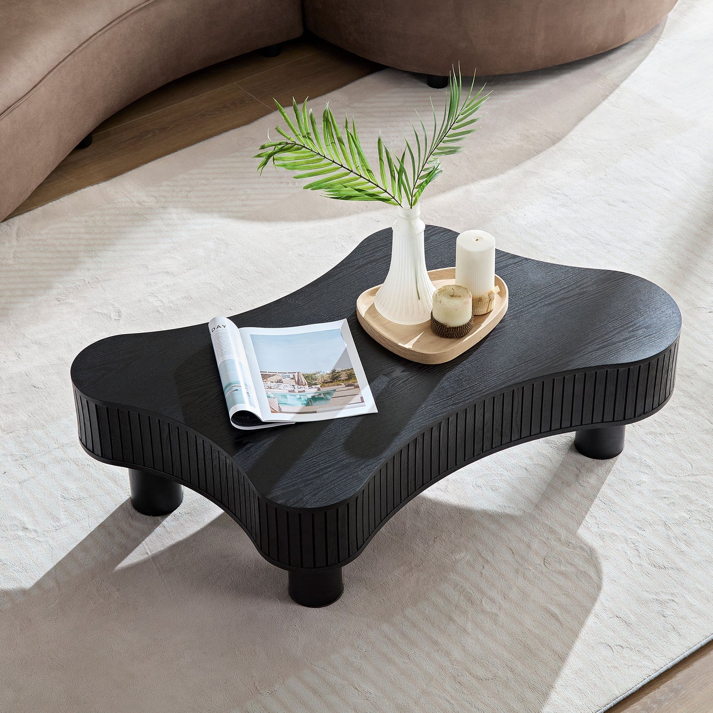 42.52 Inch Modern Wooden Handcraft Drum Coffee Table Irregular Shaped Coffee Table For Living Room,Small Coffee Table With Sturdy Pedestal