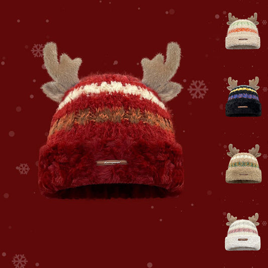 Christmas knitted hat with deer horns