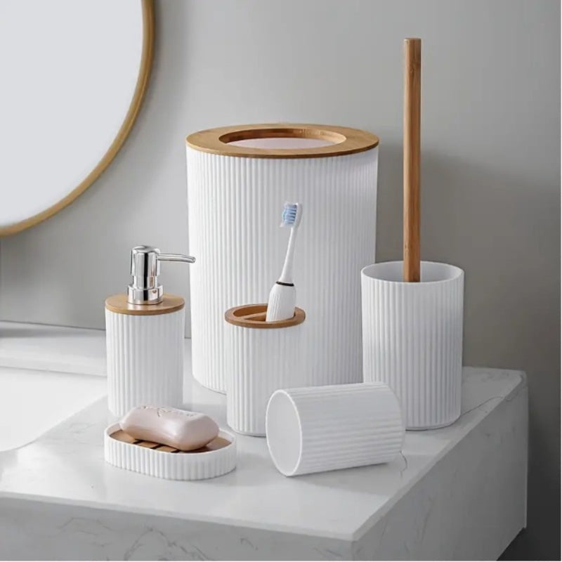 Affordable Luxury Bamboo And Wood Bathroom Set Washbasin Accessories Hydraulic Cup Soap Dish Toothbrush Holder