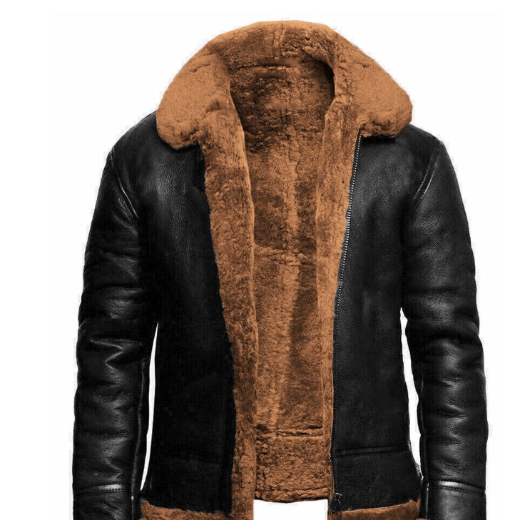 Men's Leather-fur One-piece Lapel Winter Cold-proof  Leather Jacke