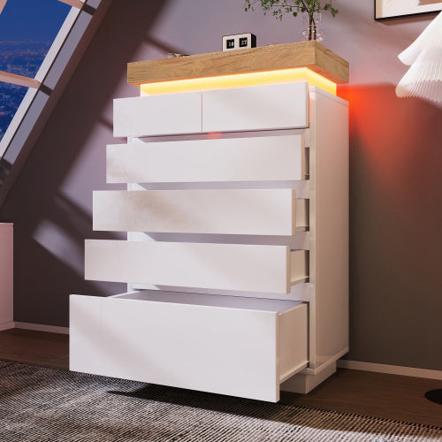 Chest Of Drawers,High-gloss Sideboard Cabinet With 6 Drawers,Storage With RGB LED App-controlled,Multi-purpose Cabinet For Living Room And Bedroom, 115 X 73 X 39 Cm, White