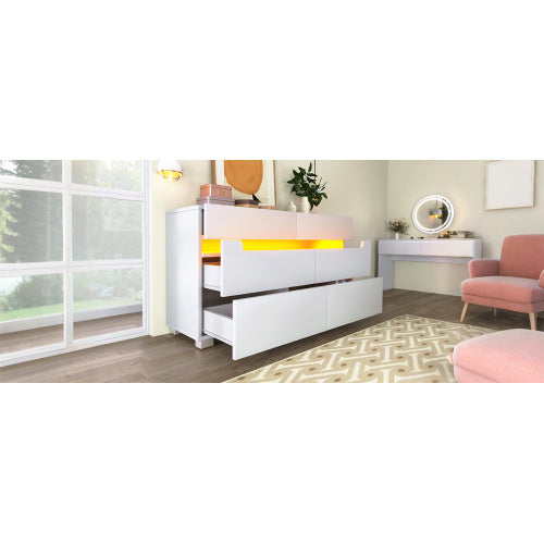 Sideboard Cabinet Dresser With 6 Drawers,Storage With RGB LED App Control, Sideboard With Cut-out Handles, 6-drawers Chest Of Drawers, 71 X 120 X 40 Cm, White