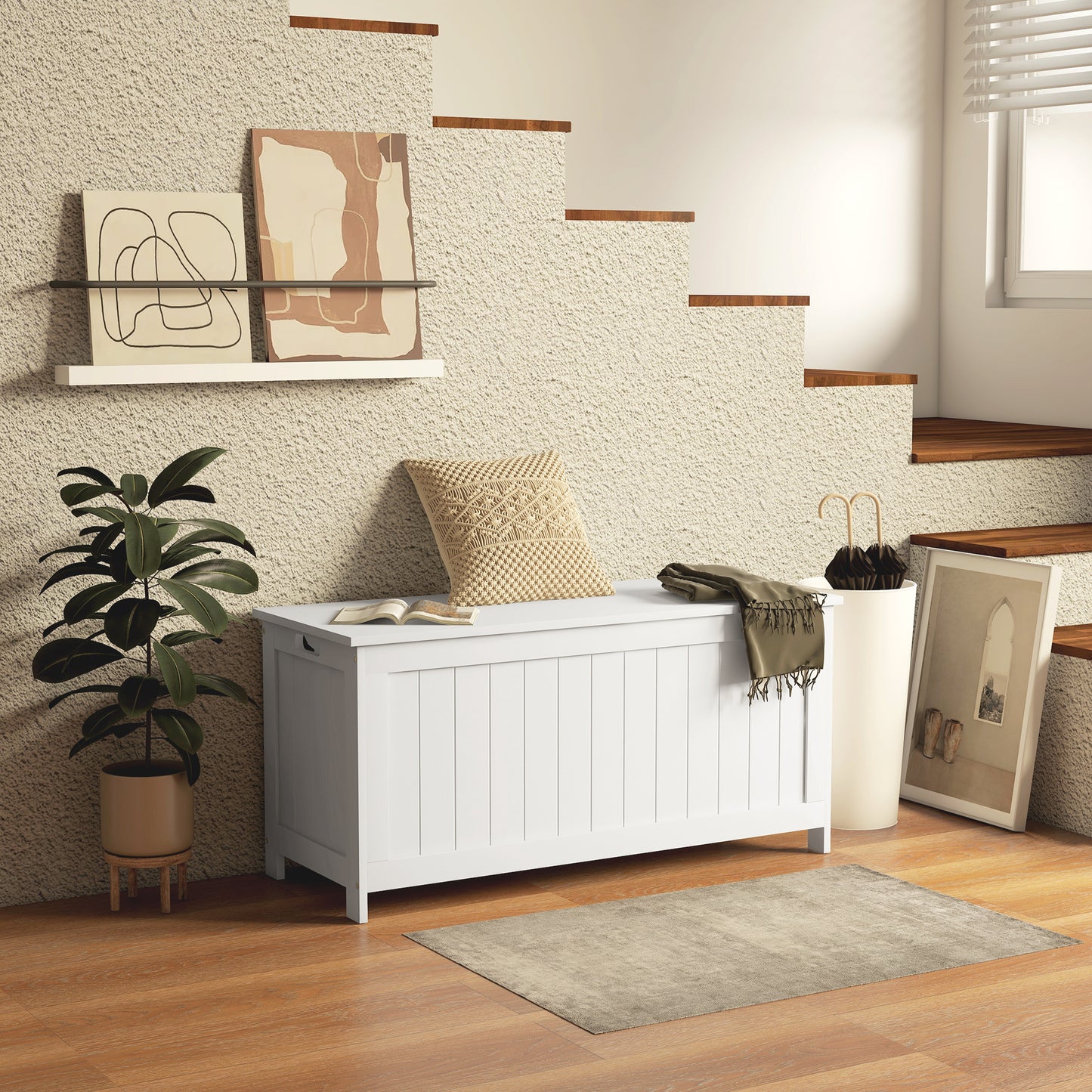 39.4" Storage Trunk w/ 2 Safety Hinges, Wooden Storage Bench w/ Side Handles, Storage Chest for Playroom, White