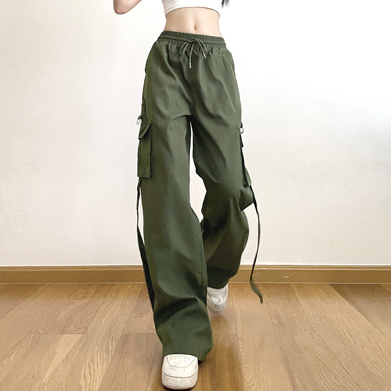 Hip-hop Hot Girl Multi-pocket Straps Loose Slim Casual Pants High Waist Straight Workwear Woven Trousers