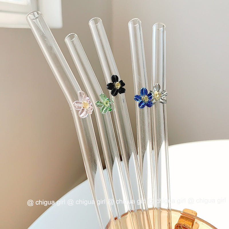 Transparent Glass Straw Roasted Floret ColorElbow Juice Cow Straw Stirring Stick Simple High Temperature Resistance