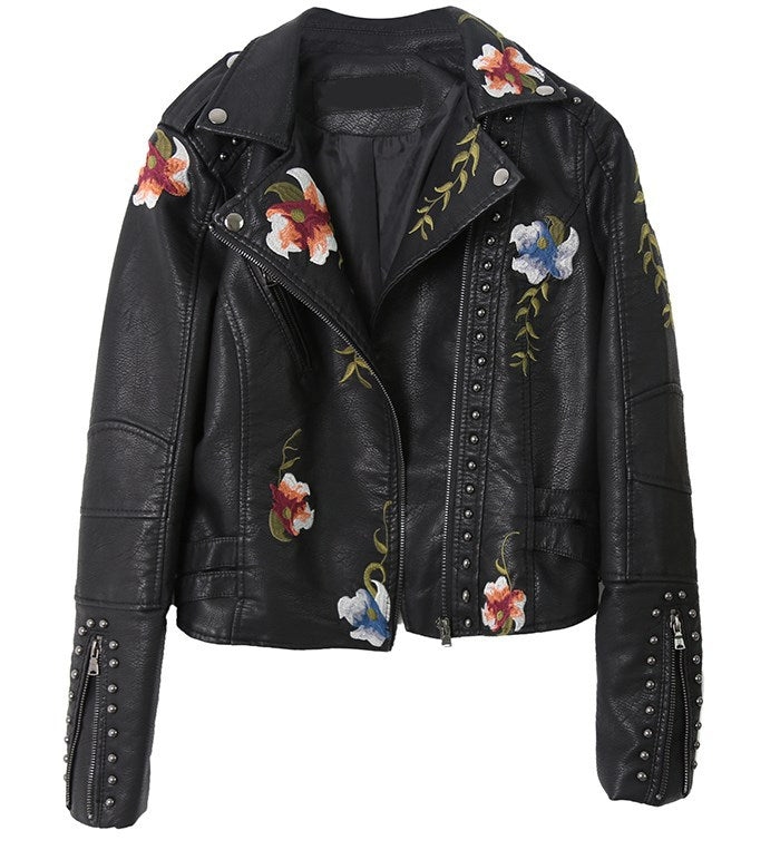 Spring Supply Light Mature Temperament Embroidered Rivets Women&#039;s PU Heavy Metal Fashion Leather Women&#039;s Short Jacket