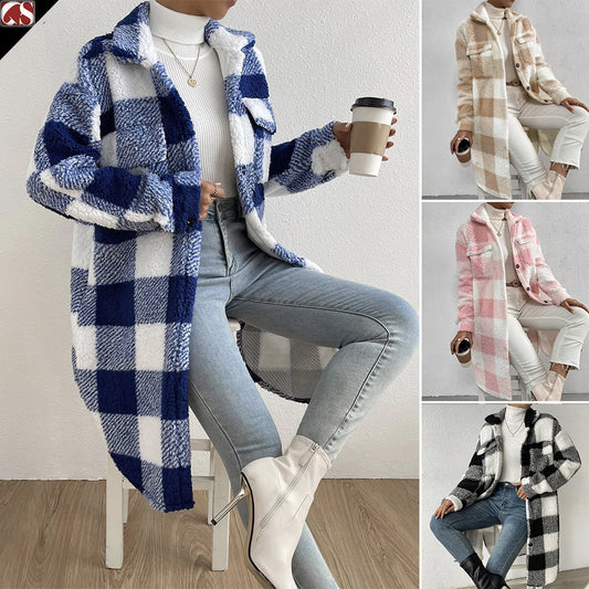 Cross-border Amazon European And American Autumn And Winter Open Button Lapel Plush Plaid Coat Loose Temperament Commuter Long Coat For Women