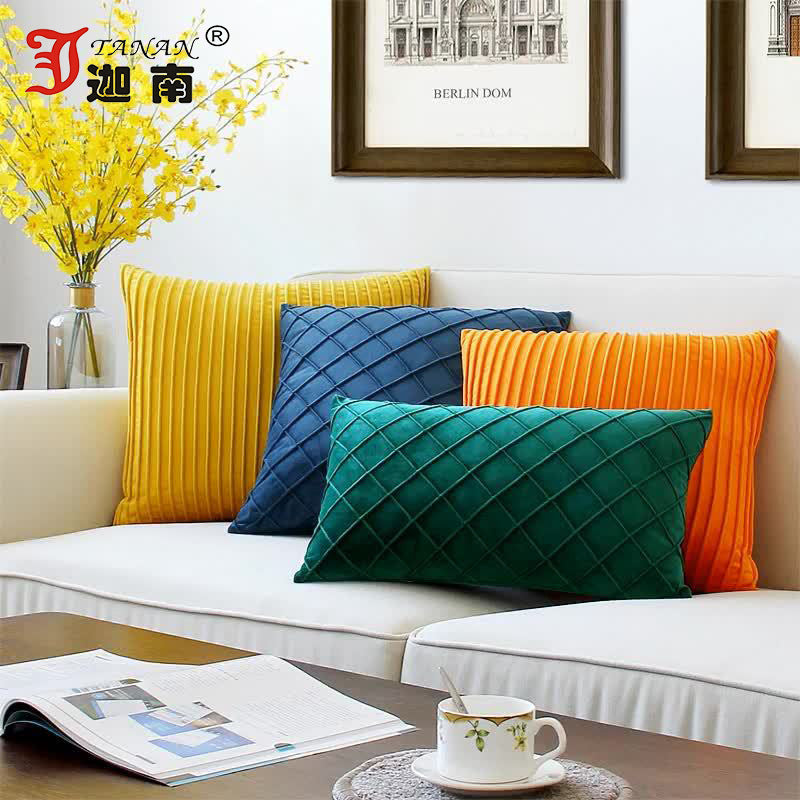 Cojín de terciopelo para la espalda, funda de almohada plisada a cuadros de color liso, cojín de sofá de terciopelo holandés, funda de almohada para la cintura de la oficina 