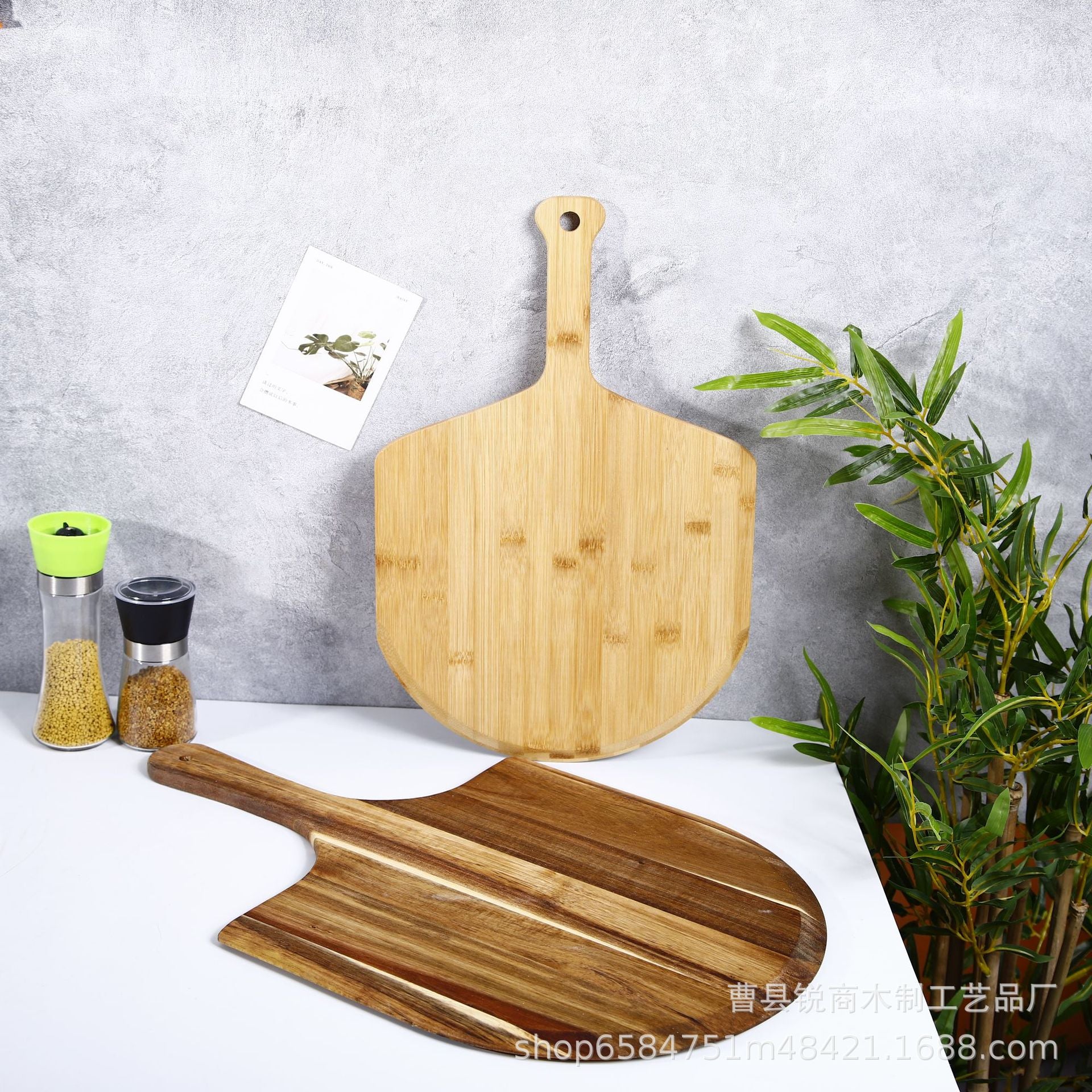 Bamboo Wood Pizza Tray Wooden Fan Steak Pastry Fruit Snack Baking Tableware Tray Handle Can Hang