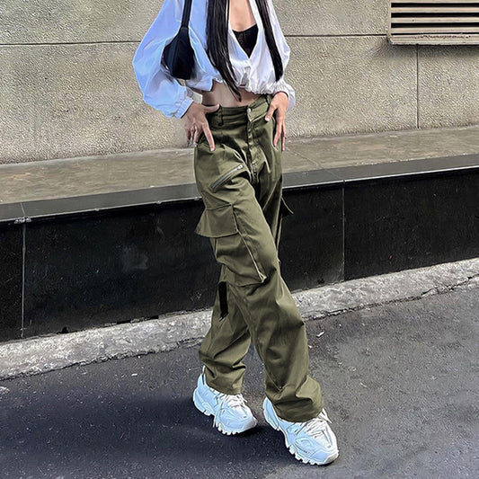 Hip-hop Hot Girl Multi-pocket Straps Loose Slim Casual Pants High Waist Straight Workwear Woven Trousers