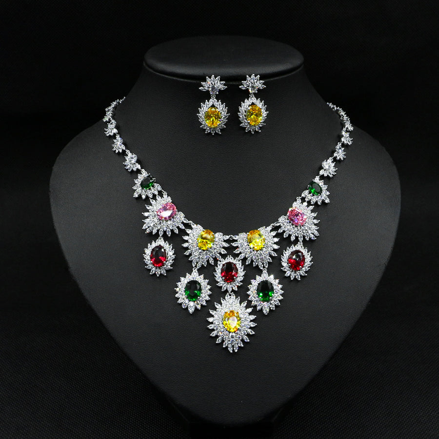 Jewelry Colorful Zircon Earrings Necklace Set Bridal Wedding Jewelry Accessories
