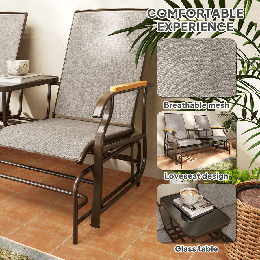 Outdoor 2-Person Glider Bench, Outside Glider Swing Chair Loveseat With Table, Steel Frame, Light Mixed Brown