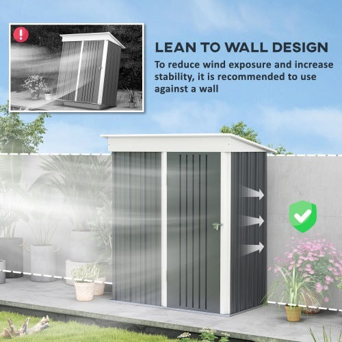 Outsunny Metal Garden Shed, Outdoor Lean-to Shed For Tool Motor Bike, With Adjustable Shelf, Lock, Gloves, 5x3x6  Dark Grey